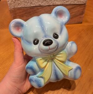 Vintage Ceramic Planter/Vase - Blue Bear with Yellow Bow